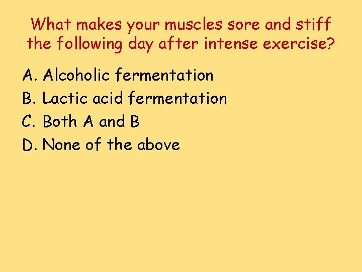 What makes your muscles sore and stiff the following day after intense exercise? A.