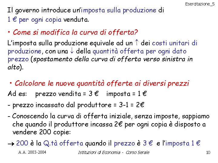 Il governo introduce un’imposta sulla produzione di 1 € per ogni copia venduta. Esercitazione_5