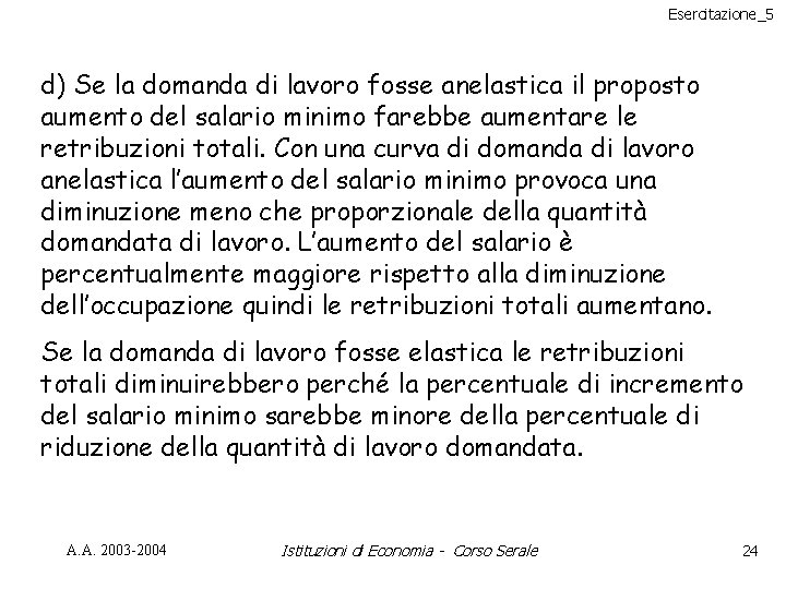 Esercitazione_5 d) Se la domanda di lavoro fosse anelastica il proposto aumento del salario