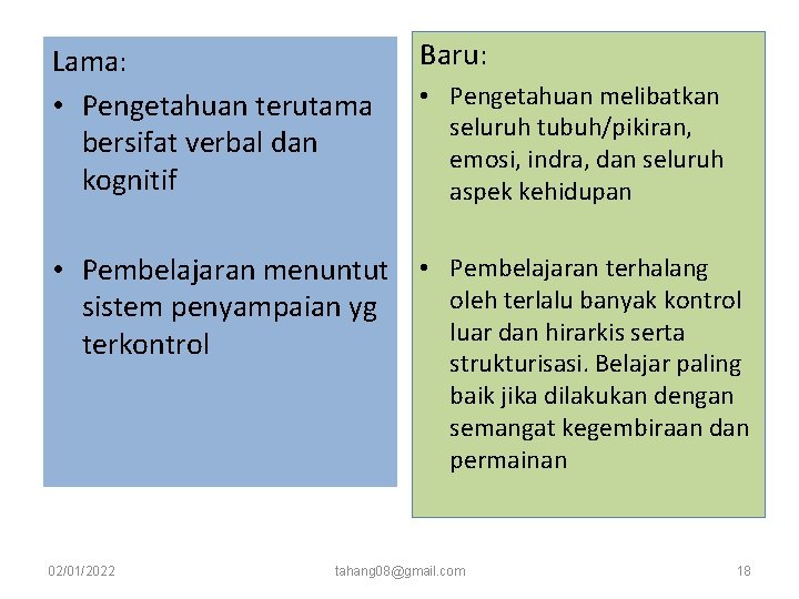 Lama: • Pengetahuan terutama bersifat verbal dan kognitif Baru: • Pengetahuan melibatkan seluruh tubuh/pikiran, Lama: • Pengetahuan terutama bersifat verbal dan kognitif Baru: • Pengetahuan melibatkan seluruh tubuh/pikiran,