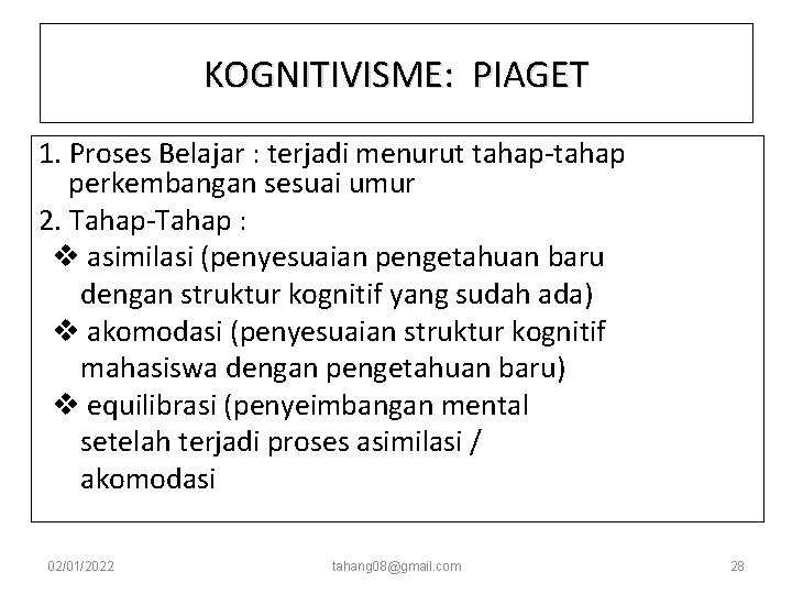 KOGNITIVISME: PIAGET 1. Proses Belajar : terjadi menurut tahap-tahap perkembangan sesuai umur 2. Tahap-Tahap KOGNITIVISME: PIAGET 1. Proses Belajar : terjadi menurut tahap-tahap perkembangan sesuai umur 2. Tahap-Tahap