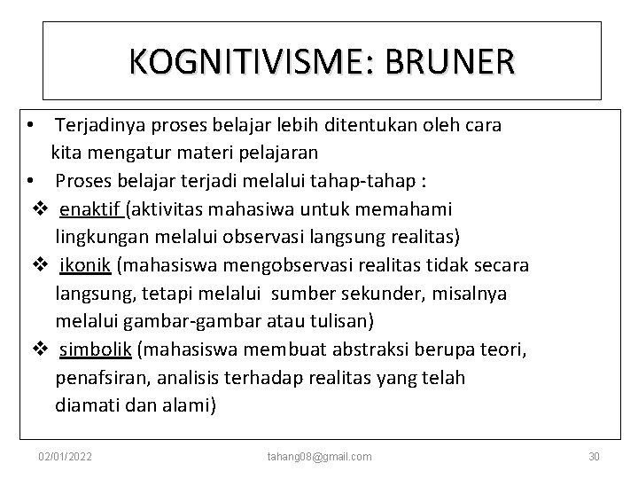 KOGNITIVISME: BRUNER • Terjadinya proses belajar lebih ditentukan oleh cara kita mengatur materi pelajaran KOGNITIVISME: BRUNER • Terjadinya proses belajar lebih ditentukan oleh cara kita mengatur materi pelajaran