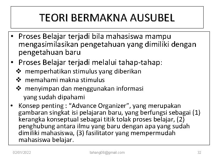 TEORI BERMAKNA AUSUBEL • Proses Belajar terjadi bila mahasiswa mampu mengasimilasikan pengetahuan yang dimiliki TEORI BERMAKNA AUSUBEL • Proses Belajar terjadi bila mahasiswa mampu mengasimilasikan pengetahuan yang dimiliki