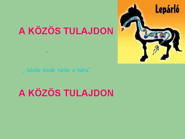 A KÖZÖS TULAJDON – „ közös lónak túrós a háta” A KÖZÖS TULAJDON A KÖZÖS TULAJDON – „ közös lónak túrós a háta” A KÖZÖS TULAJDON