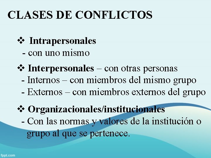 CLASES DE CONFLICTOS v Intrapersonales - con uno mismo v Interpersonales – con otras