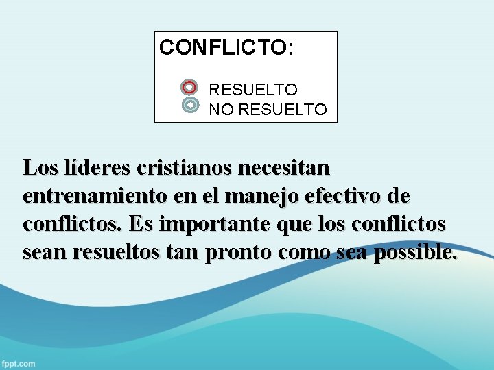 CONFLICTO: RESUELTO NO RESUELTO Los líderes cristianos necesitan entrenamiento en el manejo efectivo de