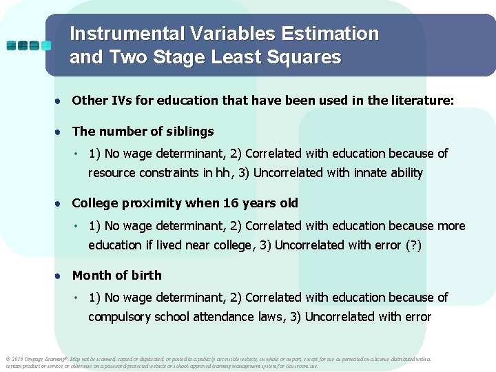 Instrumental Variables Estimation and Two Stage Least Squares ● Other IVs for education that