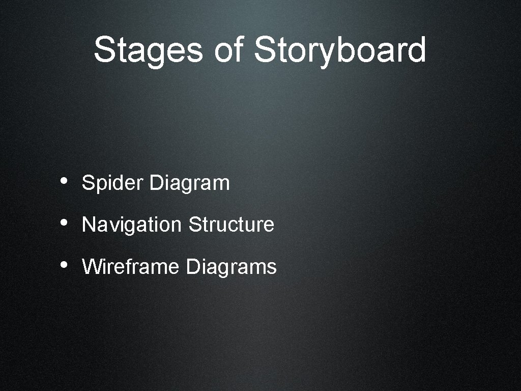 Stages of Storyboard • Spider Diagram • Navigation Structure • Wireframe Diagrams 