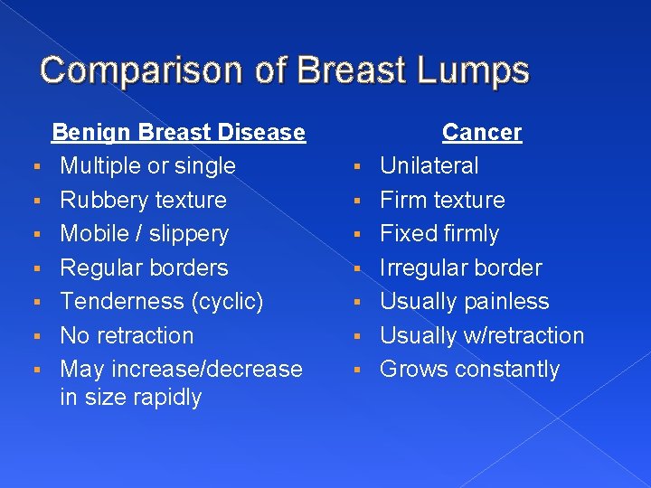 Comparison of Breast Lumps § § § § Benign Breast Disease Multiple or single