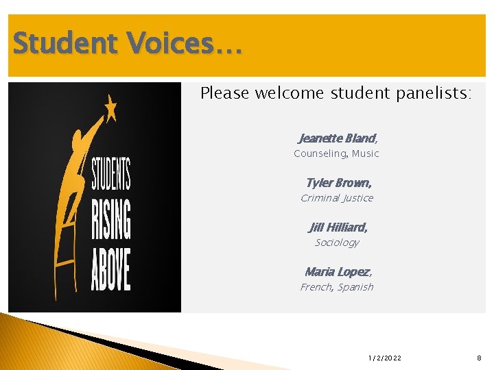 Student Voices… Please welcome student panelists: Jeanette Bland, Counseling, Music Tyler Brown, Criminal Justice