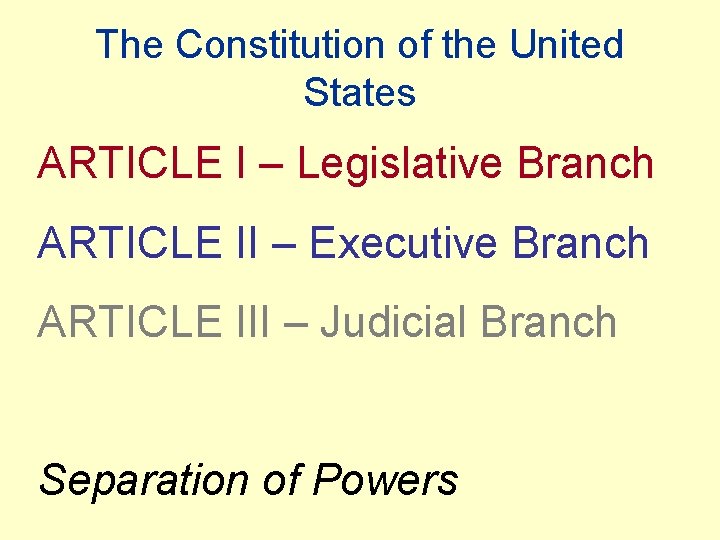 The Constitution of the United States ARTICLE I – Legislative Branch ARTICLE II –