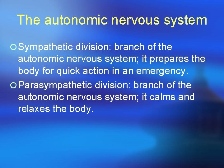 The autonomic nervous system ¡ Sympathetic division: branch of the autonomic nervous system; it
