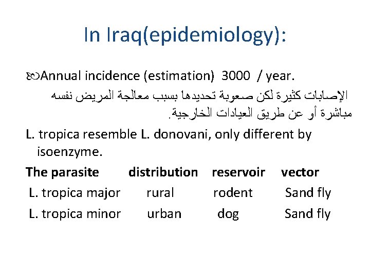 In Iraq(epidemiology): Annual incidence (estimation) 3000 / year. ﺍﻹﺻﺎﺑﺎﺕ ﻛﺜﻴﺮﺓ ﻟﻜﻦ ﺻﻌﻮﺑﺔ ﺗﺤﺪﻳﺪﻫﺎ ﺑﺴﺒﺐ