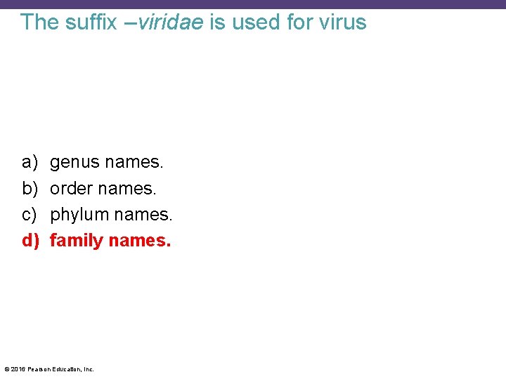 The suffix –viridae is used for virus a) b) c) d) genus names. order