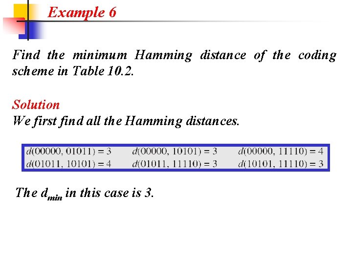 Example 6 Find the minimum Hamming distance of the coding scheme in Table 10.