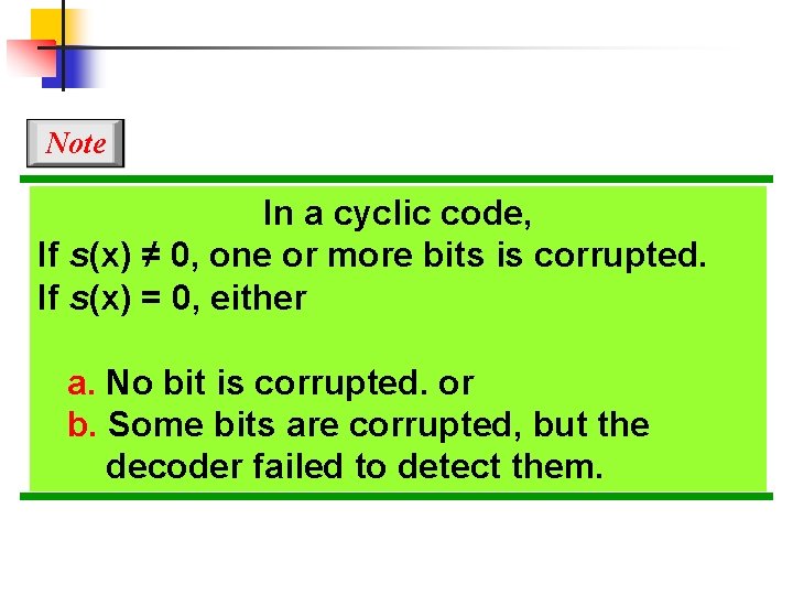 Note In a cyclic code, If s(x) ≠ 0, one or more bits is