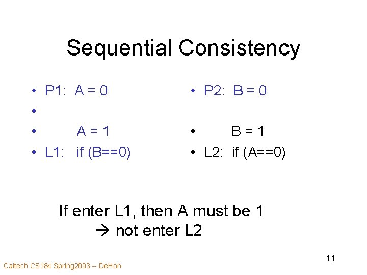 Sequential Consistency • P 1: A = 0 • • A=1 • L 1: