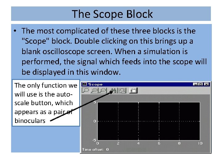 The Scope Block • The most complicated of these three blocks is the "Scope" The Scope Block • The most complicated of these three blocks is the "Scope"
