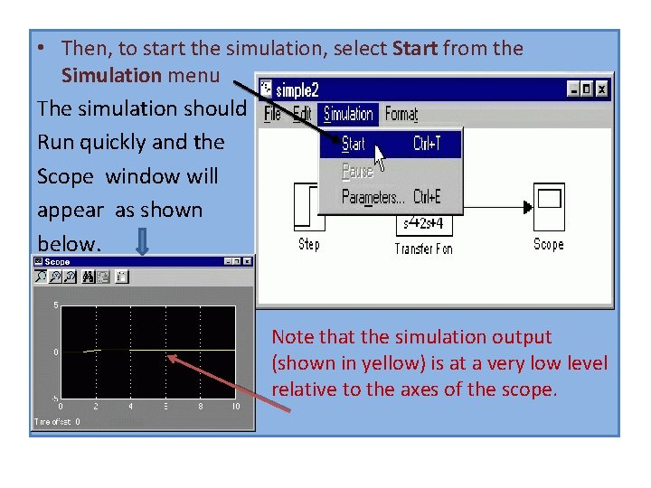 • Then, to start the simulation, select Start from the Simulation menu The • Then, to start the simulation, select Start from the Simulation menu The