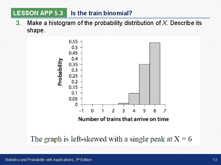 LESSON APP 5. 3 Is the train binomial? 3. Make a histogram of the