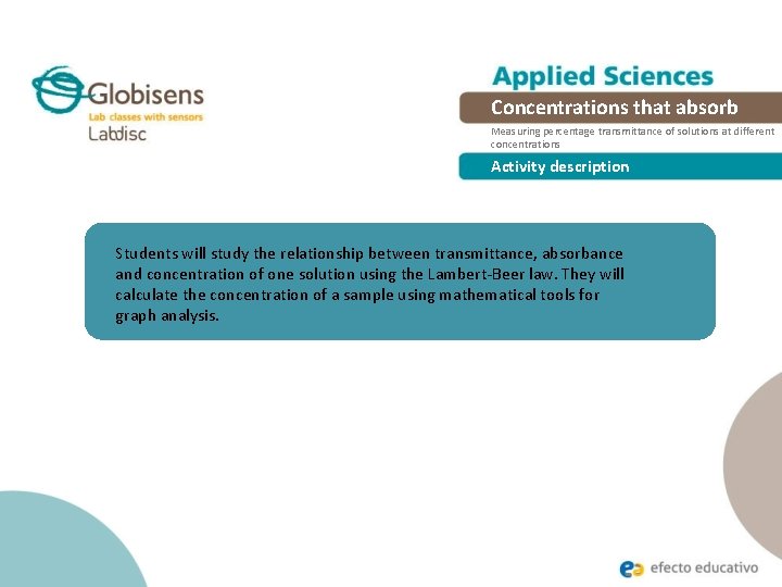 Concentrations that absorb Measuring percentage transmittance of solutions at different concentrations Activity description Students