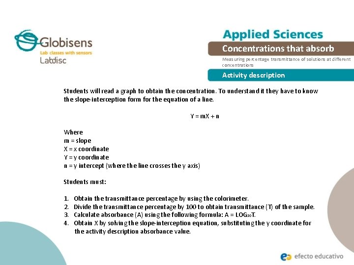 Concentrations that absorb Measuring percentage transmittance of solutions at different concentrations Activity description Students