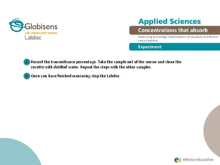 Concentrations that absorb Measuring percentage transmittance of solutions at different concentrations Experiment Record the