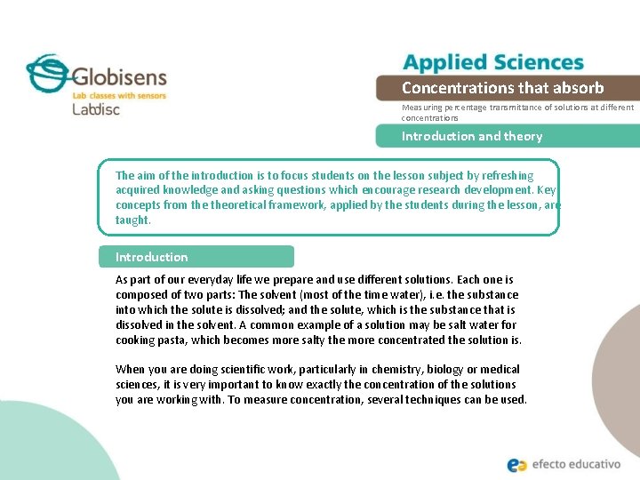 Concentrations that absorb Measuring percentage transmittance of solutions at different concentrations Introduction and theory