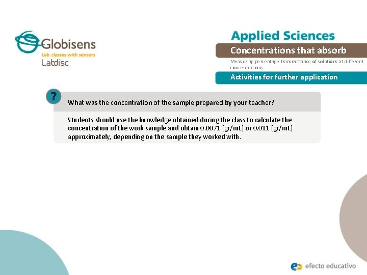 Concentrations that absorb Measuring percentage transmittance of solutions at different concentrations Activities for further