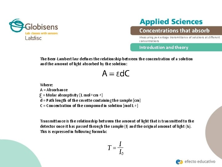 Concentrations that absorb Measuring percentage transmittance of solutions at different concentrations Introduction and theory