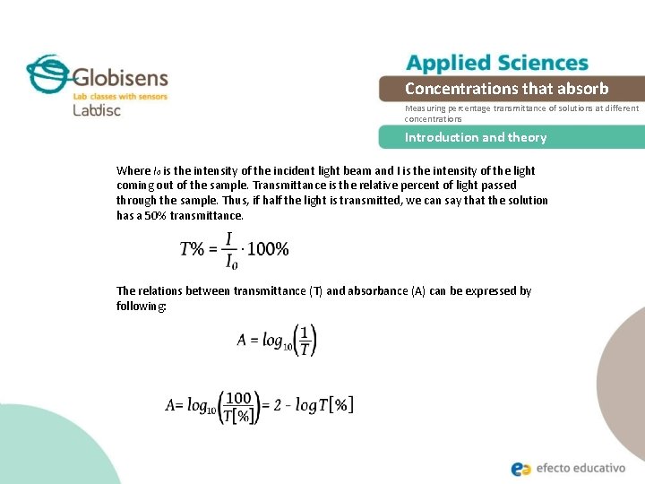 Concentrations that absorb Measuring percentage transmittance of solutions at different concentrations Introduction and theory