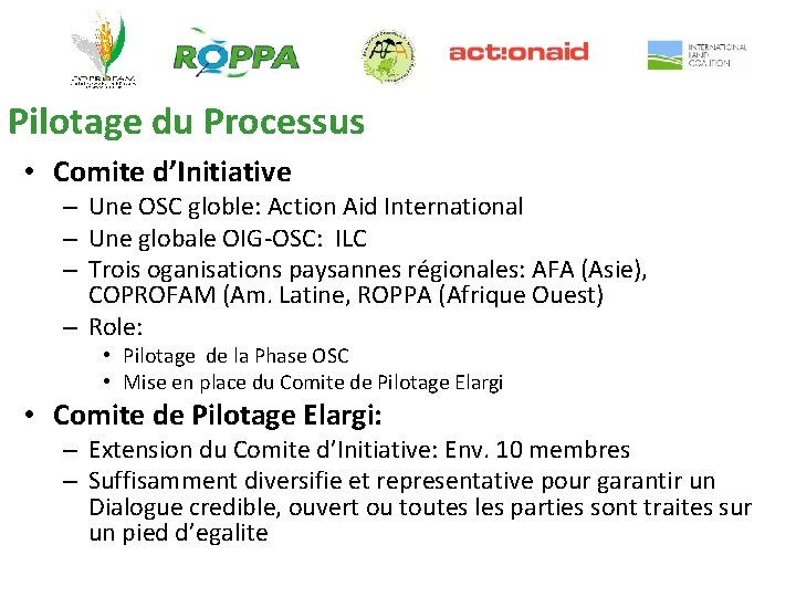 Pilotage du Processus • Comite d’Initiative – Une OSC globle: Action Aid International –