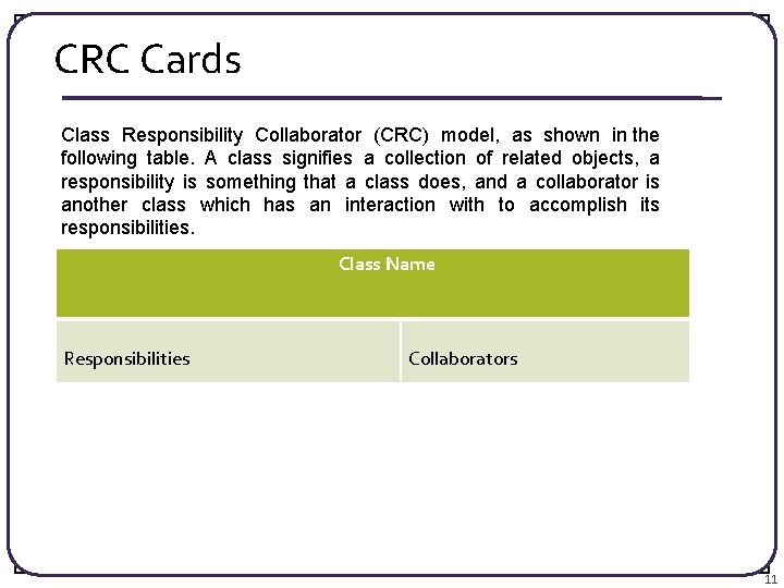 CRC Cards Class Responsibility Collaborator (CRC) model, as shown in the following table. A