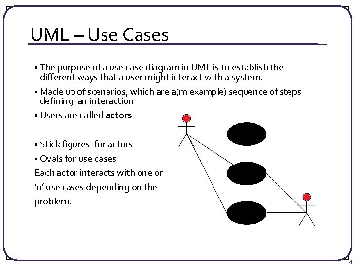 UML – Use Cases • The purpose of a use case diagram in UML