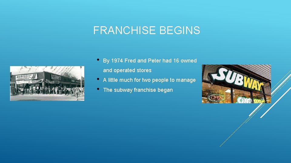 FRANCHISE BEGINS • By 1974 Fred and Peter had 16 owned and operated stores