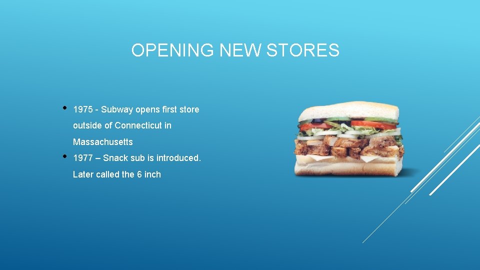 OPENING NEW STORES • 1975 - Subway opens first store outside of Connecticut in