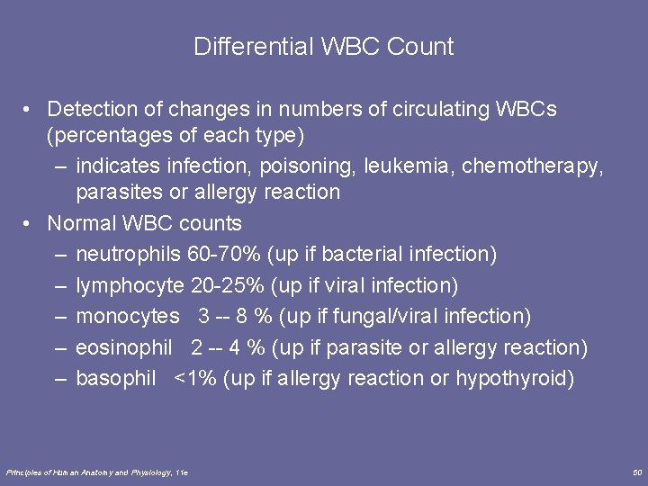 Differential WBC Count • Detection of changes in numbers of circulating WBCs (percentages of