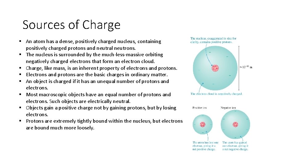Sources of Charge § An atom has a dense, positively charged nucleus, containing positively