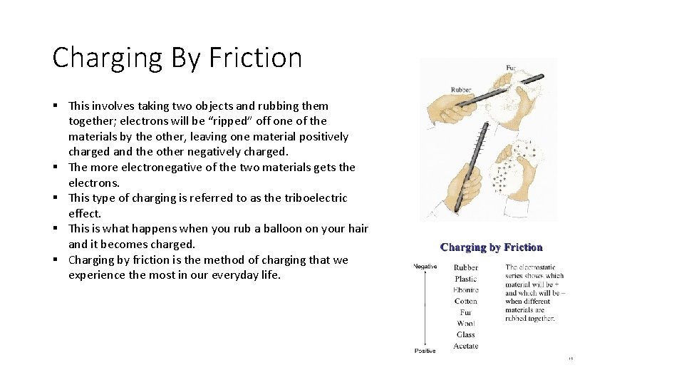 Charging By Friction § This involves taking two objects and rubbing them together; electrons