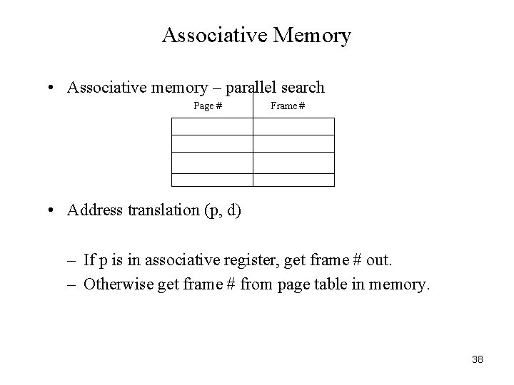 Associative Memory • Associative memory – parallel search Page # Frame # • Address