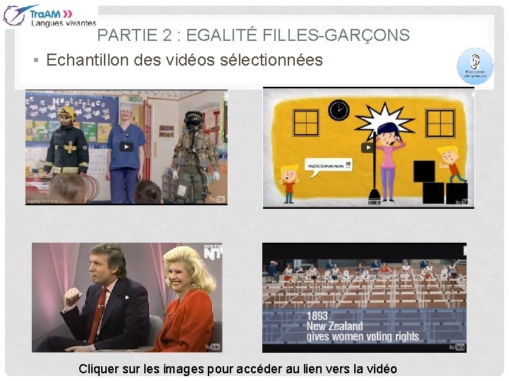 PARTIE 2 : EGALITÉ FILLES-GARÇONS • Echantillon des vidéos sélectionnées Cliquer sur les images