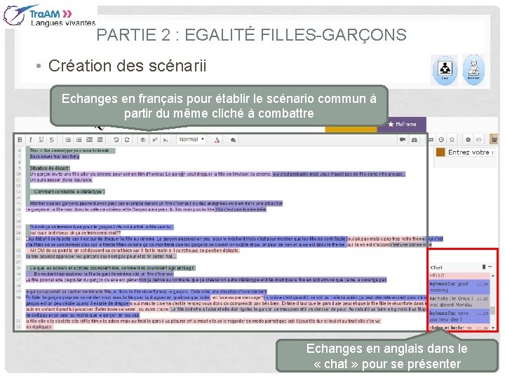 PARTIE 2 : EGALITÉ FILLES-GARÇONS • Création des scénarii Echanges en français pour établir