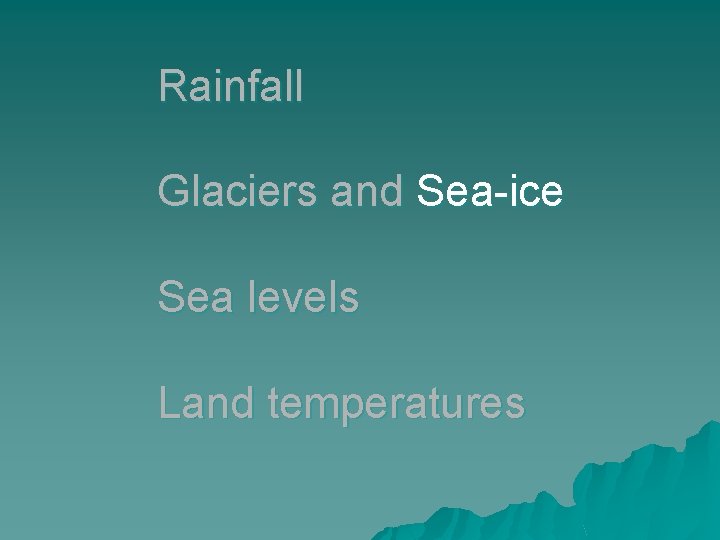 Rainfall Glaciers and Sea-ice Sea levels Land temperatures 