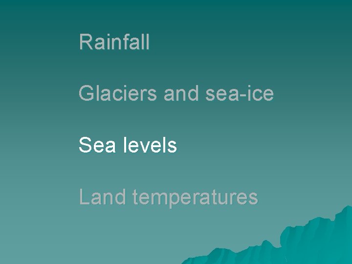 Rainfall Glaciers and sea-ice Sea levels Land temperatures 