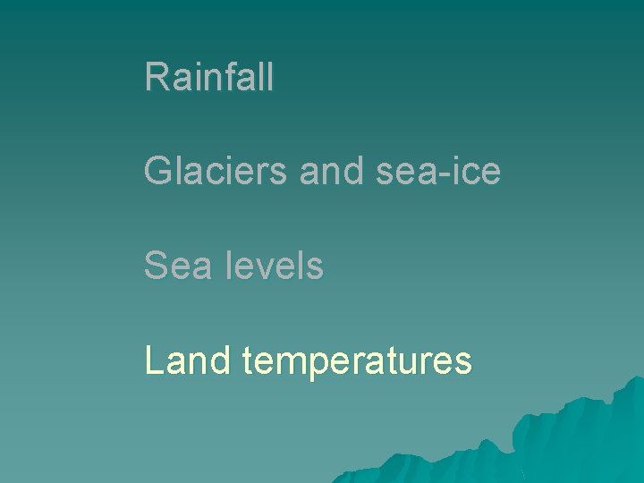 Rainfall Glaciers and sea-ice Sea levels Land temperatures 