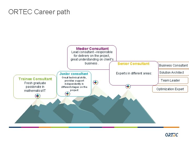 ORTEC Career path Medior Consultant Lead consultant –responsible for delivery on the project, great
