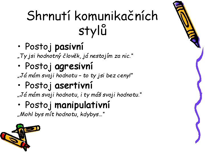 Shrnutí komunikačních stylů • Postoj pasivní „Ty jsi hodnotný člověk, já nestojím za nic.