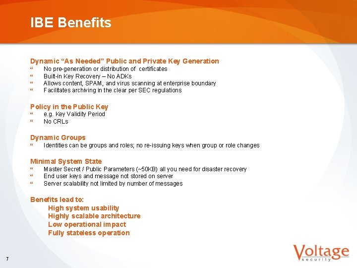 IBE Benefits Dynamic “As Needed” Public and Private Key Generation } } No pre-generation