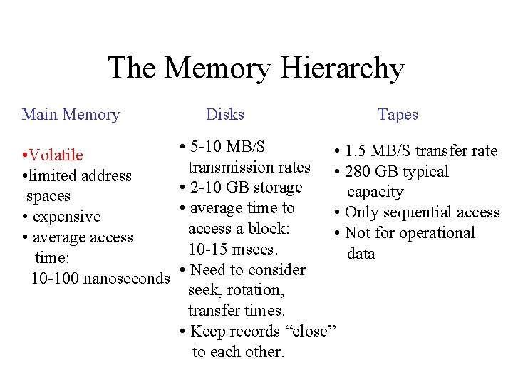 The Memory Hierarchy Main Memory • Volatile • limited address spaces • expensive •