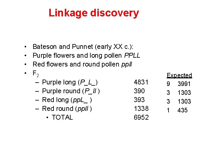 Linkage discovery • • Bateson and Punnet (early XX c. ): Purple flowers and